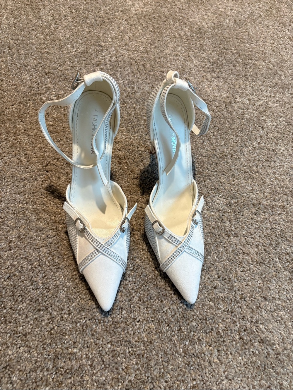 Fashion Nova White Pointed Toe Rhinestone Cross Ankle Strap Heels